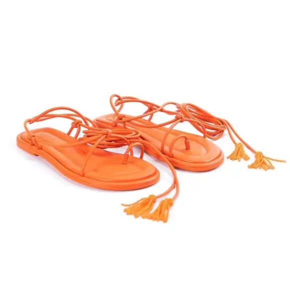 Farm Rio Orange Leather Lace Up Flat Strappy Gladiator Beach 8 Sandals NWOT - Picture 1 of 7